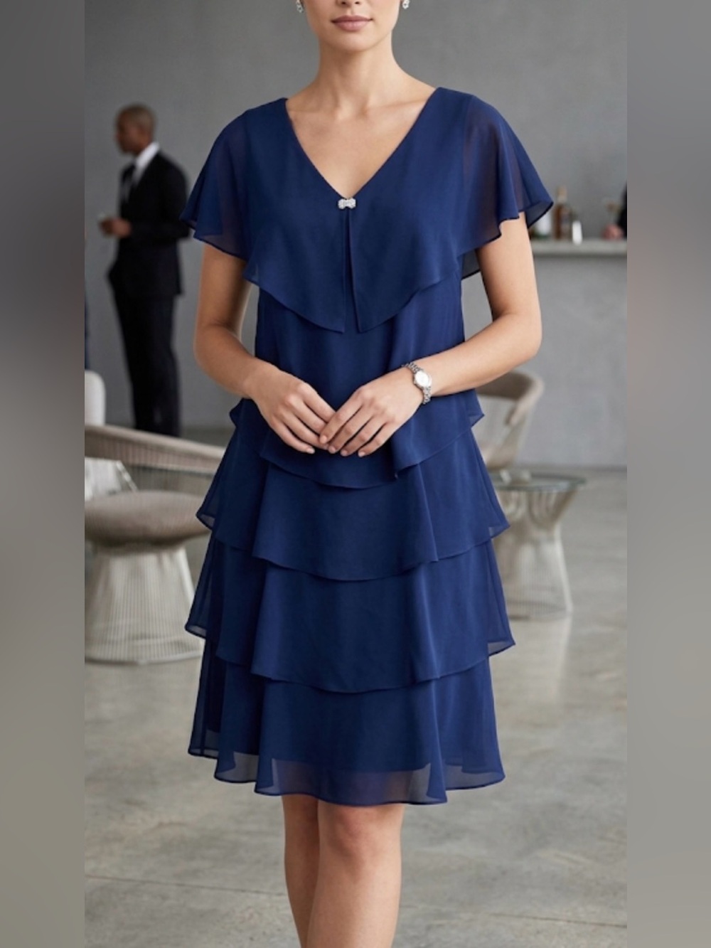 SLNY ruffle tiered Navy V-neck Chiffon Layered Dress with Rhinestone Detail Sz12